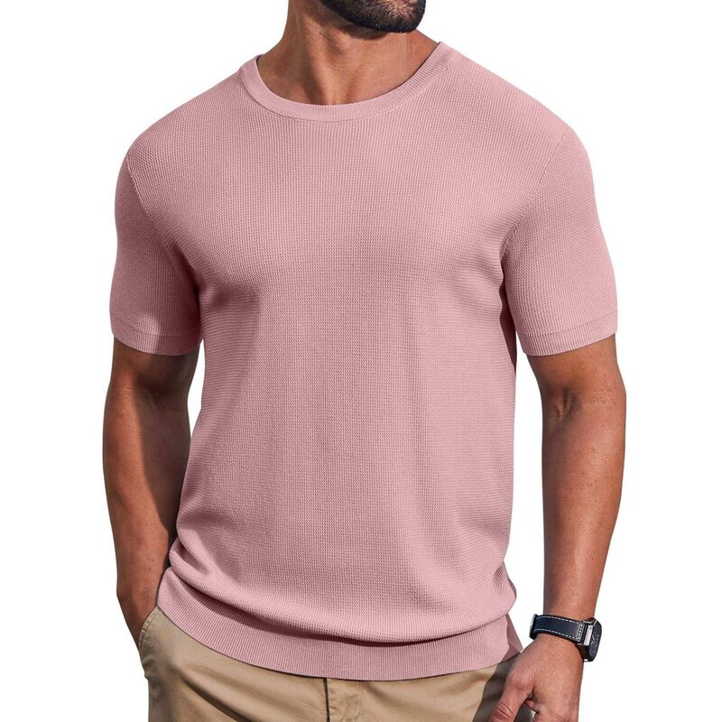 クーファンディ レディース トップス Tシャツ クルーネック リブ セーター ニット COOFANDY Men' T- Shirtshort Sleeve Knit Sweater Shirt Casual Crewneck Ribbed Pullover Tees Pink ピンク|ReVida 店
