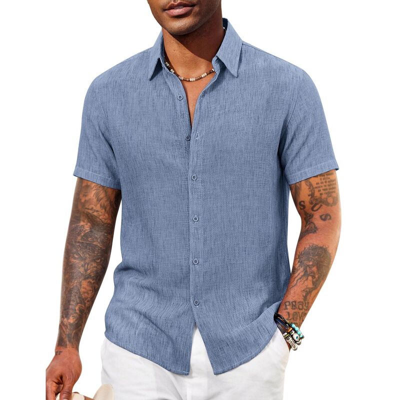 クーファンディ レディース トップス Tシャツ ボタンダウン COOFANDY Mens Casual Summer Shirt Short Sleeve Beach Button Down Shirts Cruise Resort Wear Denim Blue デニム|ReVida 店