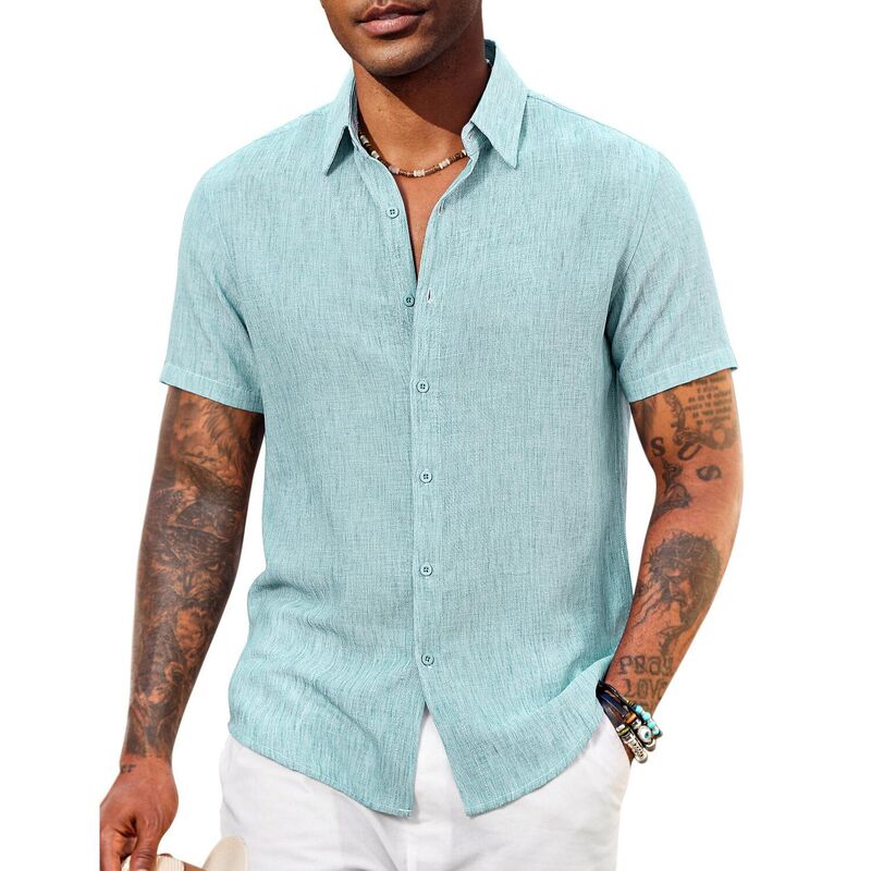 クーファンディ レディース トップス Tシャツ ボタンダウン COOFANDY Mens Casual Summer Shirt Short Sleeve Beach Button Down Shirts Cruise Resort Wear Ice Green グリーン|ReVida 店