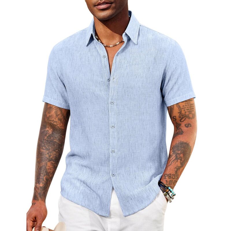 クーファンディ レディース トップス Tシャツ ボタンダウン COOFANDY Mens Casual Summer Shirt Short Sleeve Beach Button Down Shirts Cruise Resort Wear Light Blue ブルー｜ReVida 店