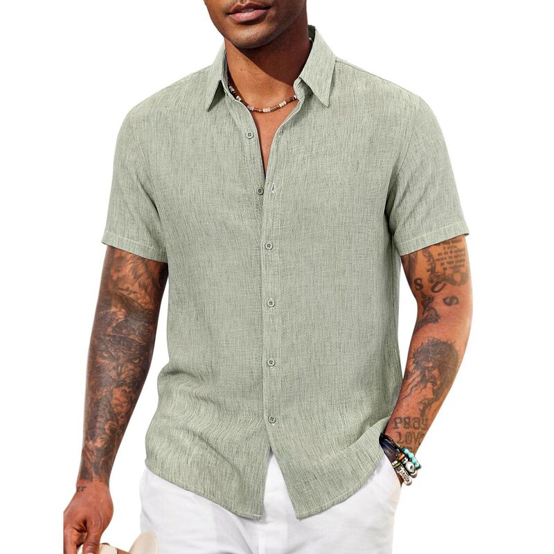 クーファンディ レディース トップス Tシャツ ボタンダウン COOFANDY Mens Casual Summer Shirt Short Sleeve Beach Button Down Shirts Cruise Resort Wear Light Green グリーン｜ReVida 店 9,735円
