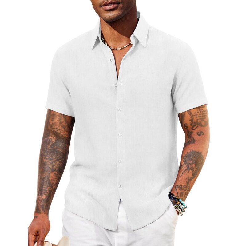 クーファンディ レディース トップス Tシャツ ボタンダウン COOFANDY Mens Casual Summer Shirt Short Sleeve Beach Button Down Shirts Cruise Resort Wear White ホワイト|ReVida 店