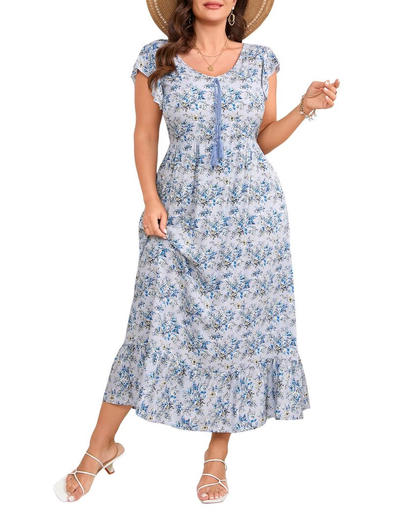 ファンジュライ レディース トップス ワンピース フラワー柄 プラスサイズ プリント マキシ フラワー FUNJULY Women\'s Plusize Maxi Dresses Boho Floral Print Flowy Long Dress with Pockets Blue ブルー|ReVida 店