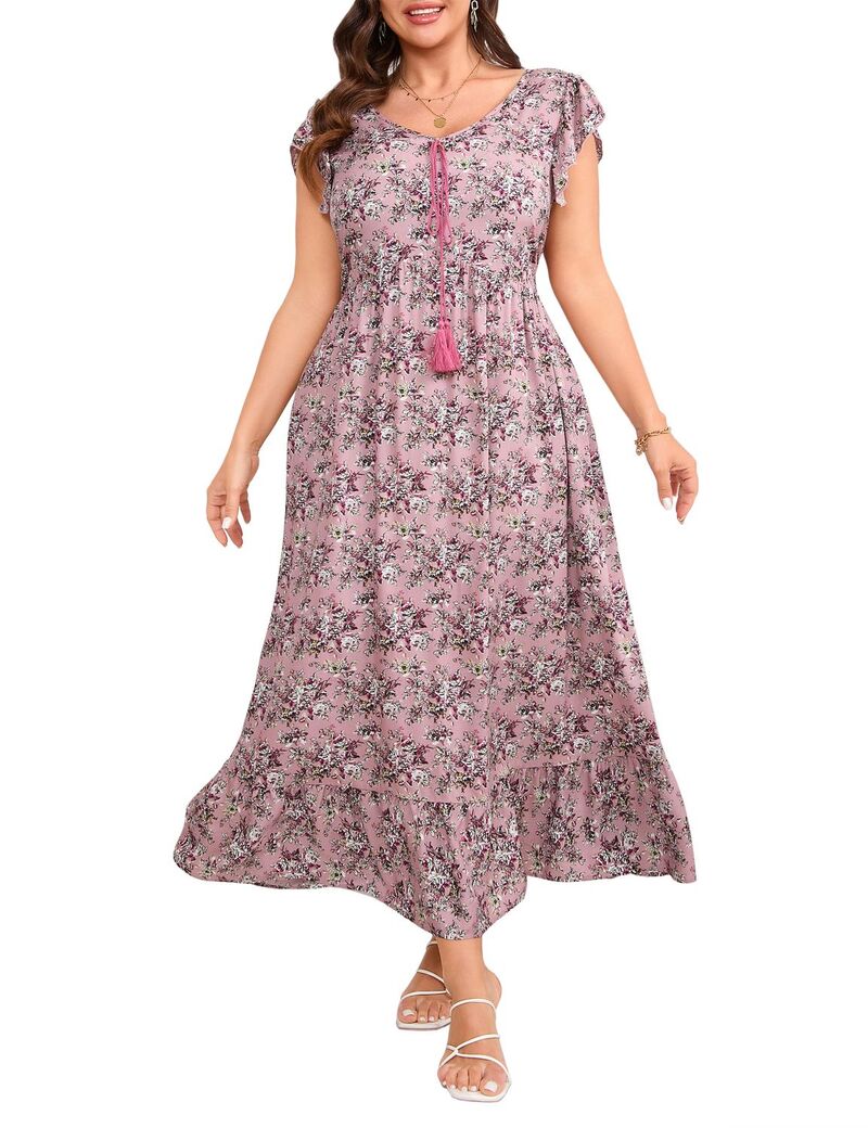 ファンジュライ レディース トップス ワンピース フラワー柄 プラスサイズ プリント マキシ フラワー FUNJULY Women's Plusize Maxi Dresses Boho Floral Print Flowy Long Dress with Pockets Pink ピンク|ReVida 店