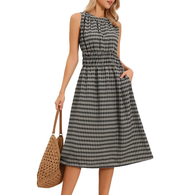 インスパイア シック レディース トップス ワンピース クルーネック ミディ ノースリーブ シャーリング INSPIRE CHIC Sleeveless Plaidress for Women Crew Neck Smocked Waist Midi Dress Black ブラック|ReVida 店