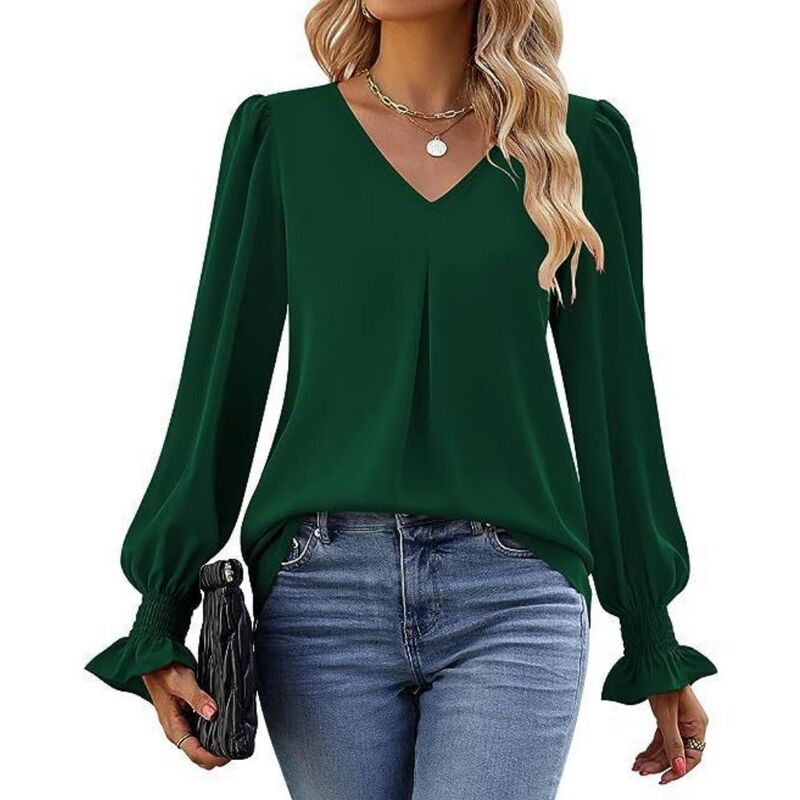 イエスファッション レディース トップス シャツ Vネック シフォン ブラウス Yesfashion Women's Long Sleeve Tops Dressy Casual V Neck Tunic Shirts Loose Chiffon Work Blouse Green グリーン｜ReVida 店
