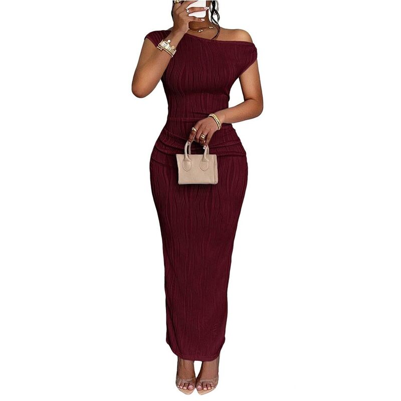 クリアフラワー レディース トップス ワンピース ギャザー ワンショルダー マキシ ClearFlower Women\'s Dress One-Shoulderuched Bodycon Maxi Dress Wine Red レッド｜ReVida 店
