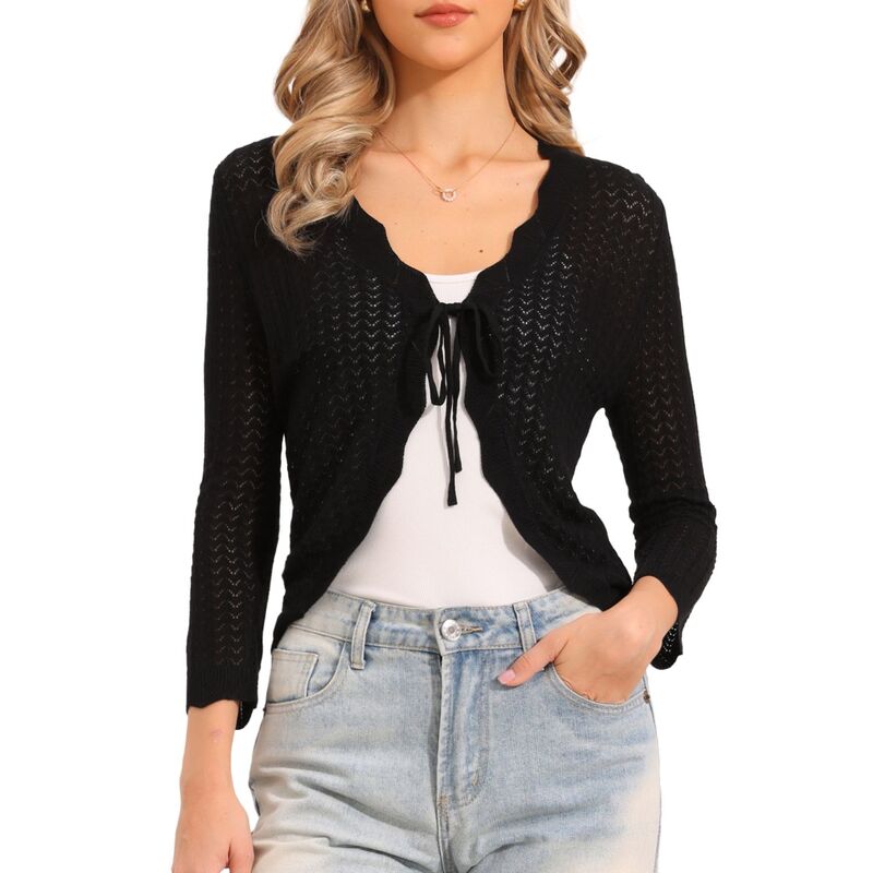 インスパイア シック レディース アウター ニット・セーター カーディガン INSPIRE CHIC Tie Front Shrug Sweater for Women Crop Cardigan Knit 3/4 Sleeve Open Front Casual Elegant Cardigans Black ブラック|ReVida 店