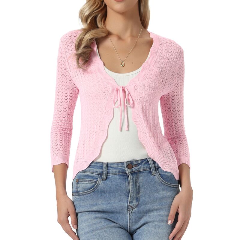 インスパイア シック レディース アウター ニット・セーター カーディガン INSPIRE CHIC Tie Front Shrug Sweater for Women Crop Cardigan Knit 3/4 Sleeve Open Front Casual Elegant Cardigans Pink ピンク|ReVida 店