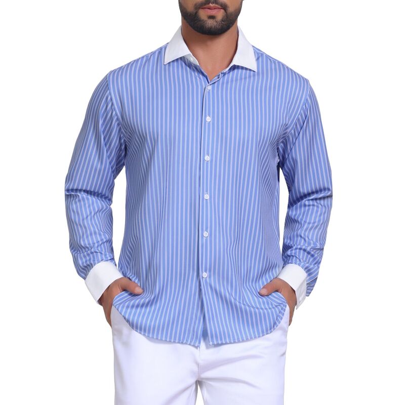 インスパイア シック レディース トップス Tシャツ ボタンダウン INSPIRE CHIC Men'stripedresshirts Button Down Long Sleeve Stretch Businesshirt Dark Blue ブルー|ReVida 店