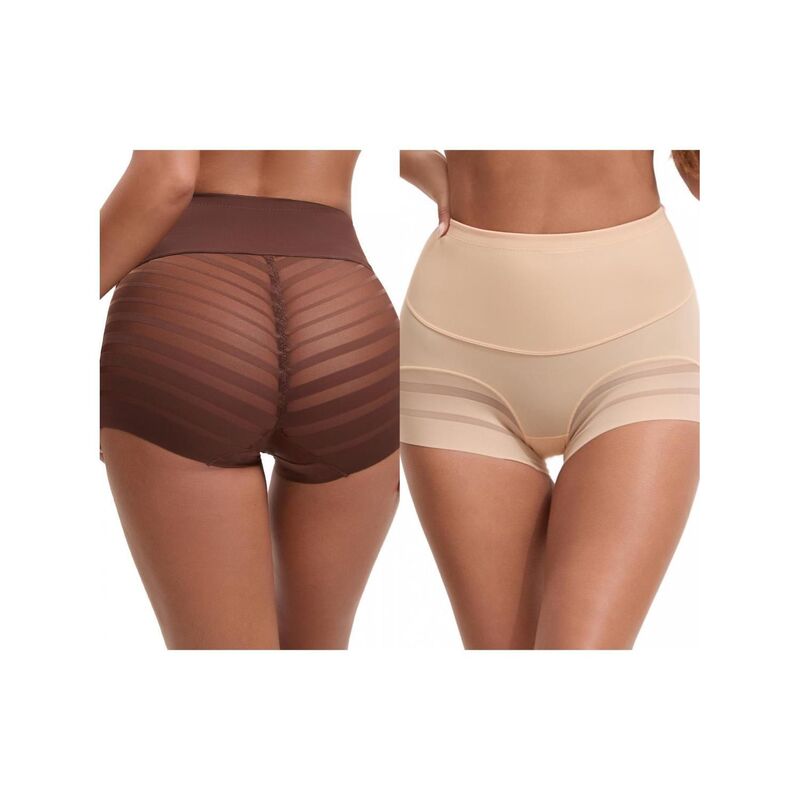 インスパイア シック レディース ボトムス カジュアルパンツ メッシュ ショートパンツ INSPIRE CHIC 2 Packs Women's High Waisted Invisible Tummy Control Boyshortshapewear Stripe Mesh Underwear Beige Coffee コーヒー｜ReVida 店