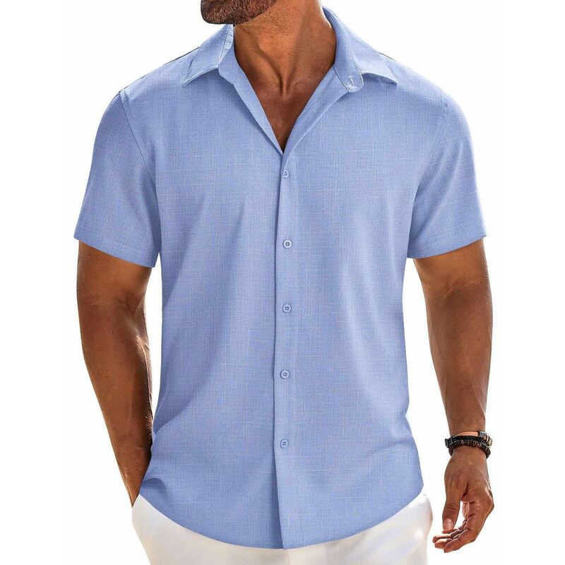 クーファンディ レディース トップス Tシャツ ボタンダウン COOFANDY Mens Dresshirts Casual Short Sleeve Button Down Shirt Beach Shirt Blue ブルー｜ReVida 店