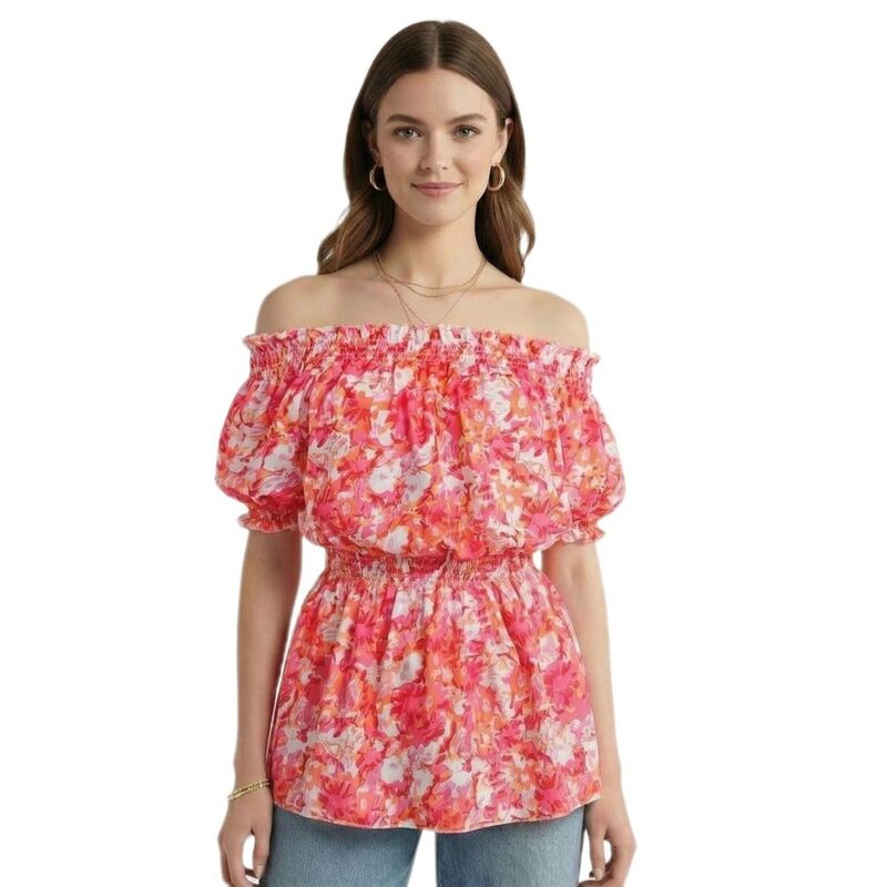 ボディサイズ レディース トップス シャツ フリル オフショルダー ワンショルダー ブラウス BODDYSIZE Women's Off-Shoulder Blouse Fitted Waist One-Shoulderuffle Topuff Sleeve Blouse Red レッド|ReVida 店