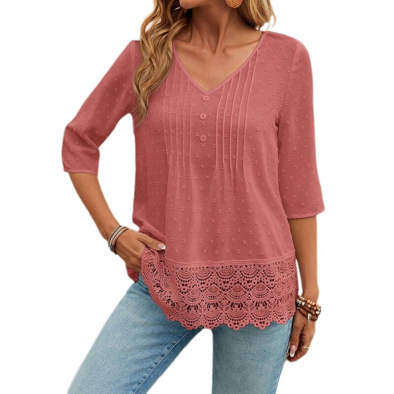 セオリア レディース トップス Tシャツ レース Seoria Women Half Sleeve Lace Hollow Outopink ピンク|ReVida 店