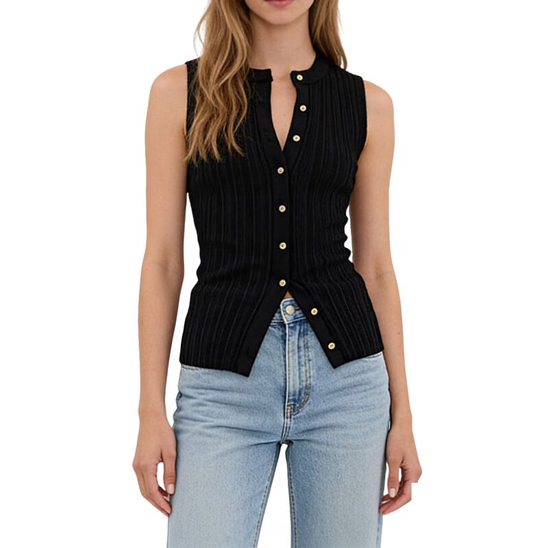 エリートスピリット レディース トップス Tシャツ モックネック リブ ノースリーブ ニット EliteSpirit Women's Ribbed Knit Sleeveless Fitted Top with Mock Neck Button Placket Black ブラック|ReVida 店