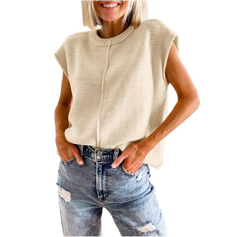 ボディサイズ レディース アウター ニット・セーター クルーネック ベスト ノースリーブ キャップ BODDYSIZE Women Casual Cap Sleeve Sweater Vest Crew Neck Sleeveless Knitank Top Lightweight Pullover Sweater Beige ベージュ｜ReVida 店