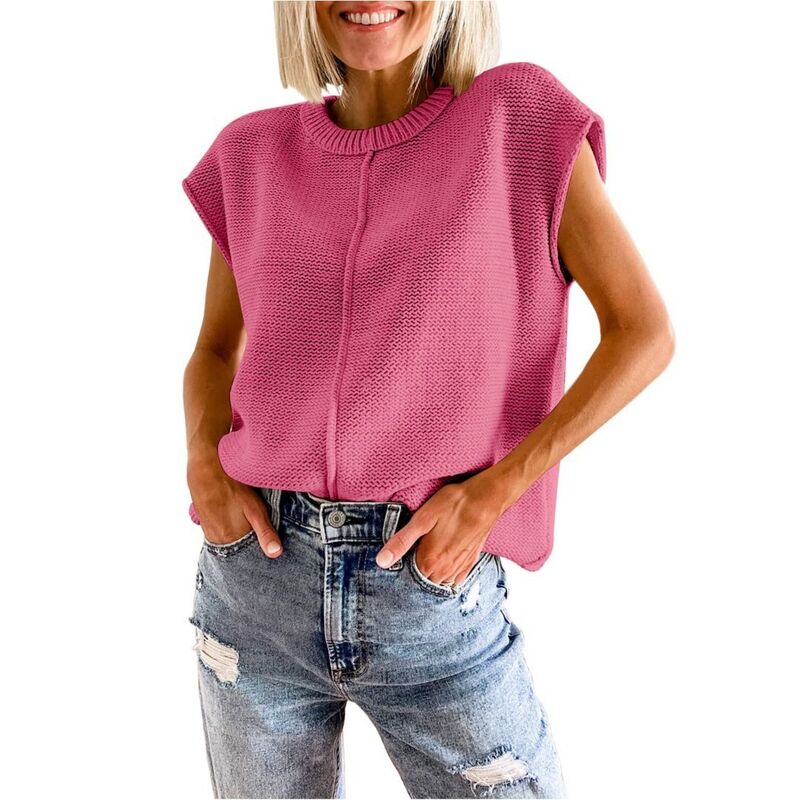 ボディサイズ レディース アウター ニット・セーター クルーネック ベスト ノースリーブ キャップ BODDYSIZE Women Casual Cap Sleeve Sweater Vest Crew Neck Sleeveless Knitank Top Lightweight Pullover Sweater Pink ピンク｜ReVida 店
