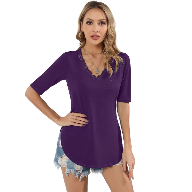 セオリア レディース トップス Tシャツ Vネック レーストリム レース Seoria Women's Lace Trim V Neck Top Split Hem Casual Shirt Purple パープル｜ReVida 店