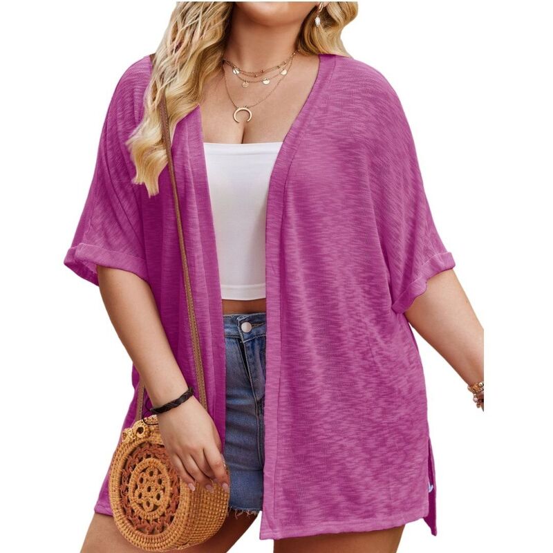 ボディサイズ レディース アウター ニット・セーター プラスサイズ カーディガン BODDYSIZE Womens Casual Plusize Lightweight Open Front Cardigan Short Sleeve Casualoose Fit Beach Cardigan Purple パープル｜ReVida 店 9,086円
