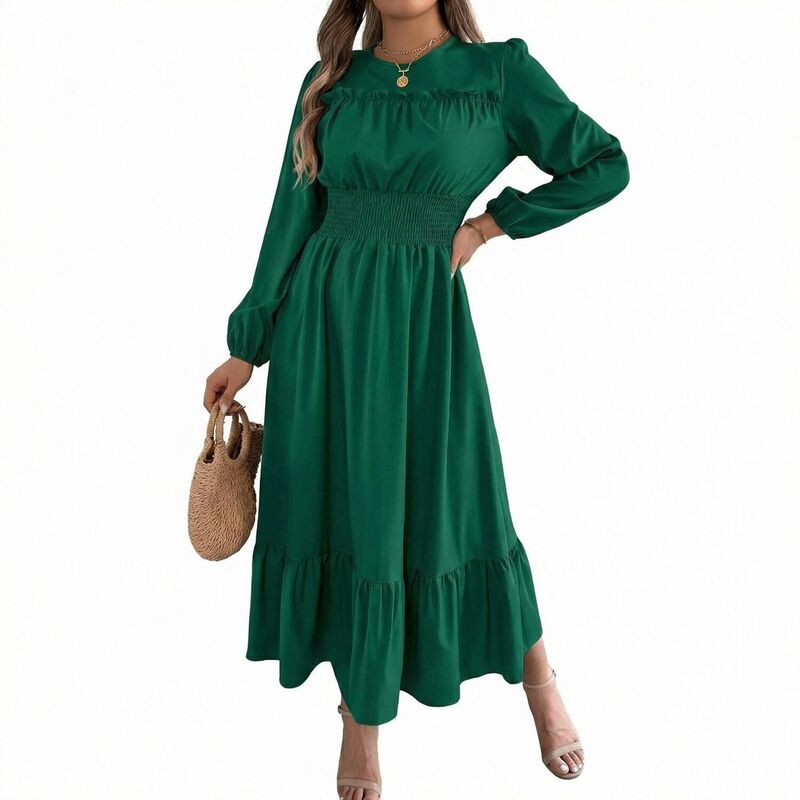 セオリア レディース トップス ワンピース A ライン スカート Seoria Women\'s Long Sleevedress with Mushroom Edge and Waist Cinched A-line Layered Elegant Long Skirt Dark Green グリーン｜ReVida 店