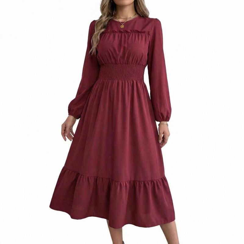 セオリア レディース トップス ワンピース A ライン スカート Seoria Women\'s Long Sleevedress with Mushroom Edge and Waist Cinched A-line Layered Elegant Long Skirt Wine Red レッド｜ReVida 店