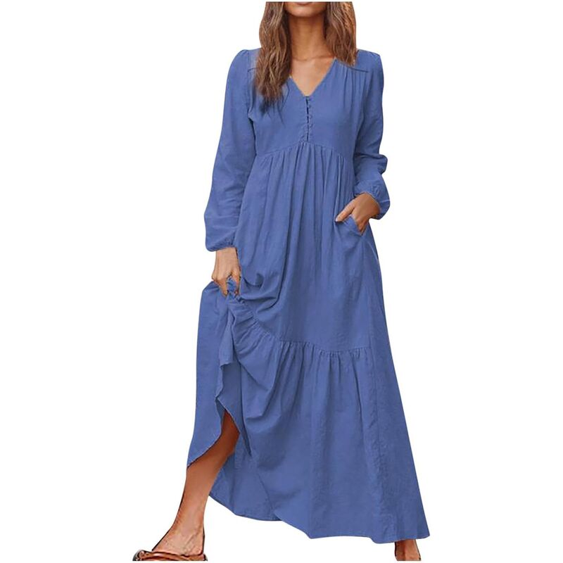 コジョイン レディース トップス ワンピース Vネック ティアード コットン リネン マキシ Kojooin Women's Casual V-Neck Tiered Maxi Dress with Pockets Long Sleeve Cotton Linen Dress Dark Blue ブルー|ReVida 店