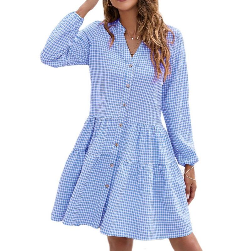 イエスファッション レディース トップス ワンピース Vネック ティアード ハイウエスト ミディ Yesfashion Womens Casual Midi Dress Long Sleeve V-Neck High Waistiered Formal Dresses Blue ブルー｜ReVida 店