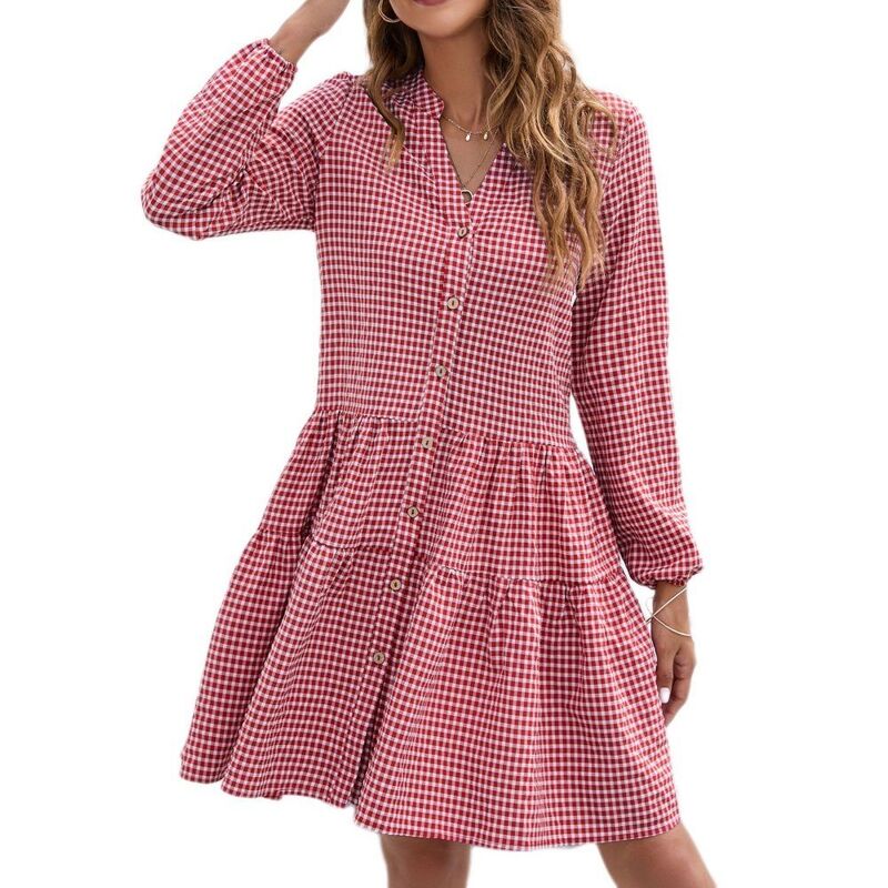 イエスファッション レディース トップス ワンピース Vネック ティアード ハイウエスト ミディ Yesfashion Womens Casual Midi Dress Long Sleeve V-Neck High Waistiered Formal Dresses Red レッド｜ReVida 店