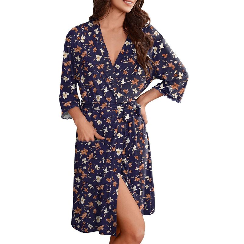 エコアー レディース アンダーウェア ナイトウェア ひざ丈 Ekouaerobes for Women Knee Length Kimono Bathrobe Lightweight 3/4 Sleeve Sleepwear soft Blue Floral ブルー｜ReVida 店