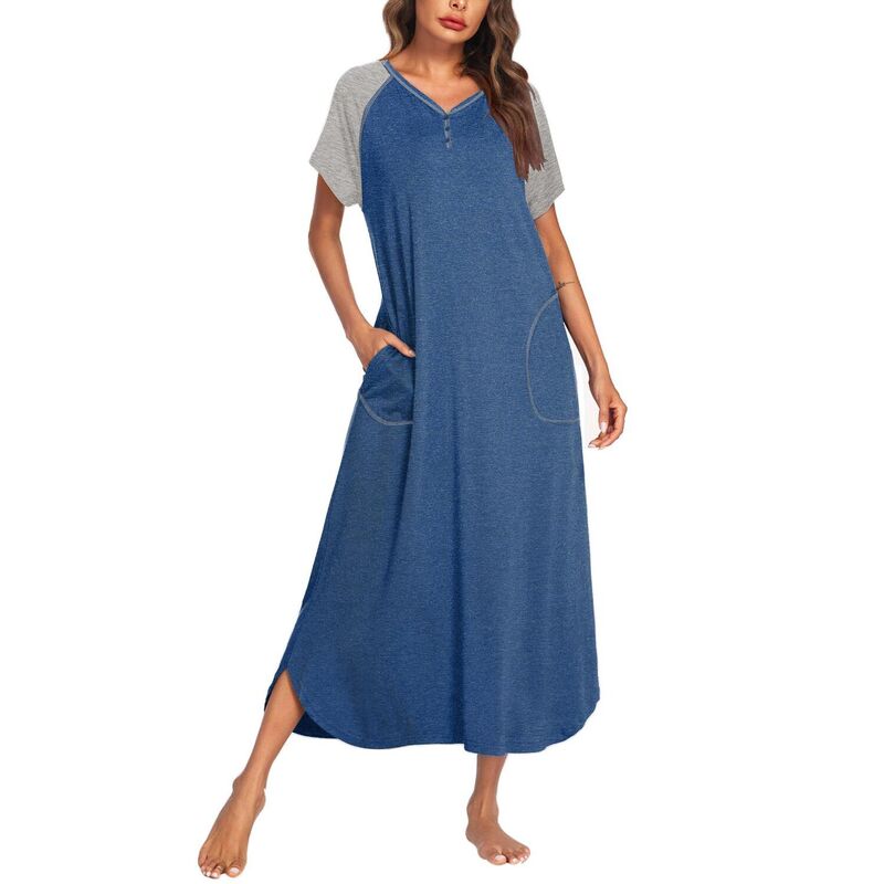 エコアー レディース アンダーウェア ナイトウェア シャツ Ekouaer Long Nightgown Women's Loungewear Short Sleeve Sleepwear Fullength Sleep Shirt Blue Grey グレー｜ReVida 店 9,735円