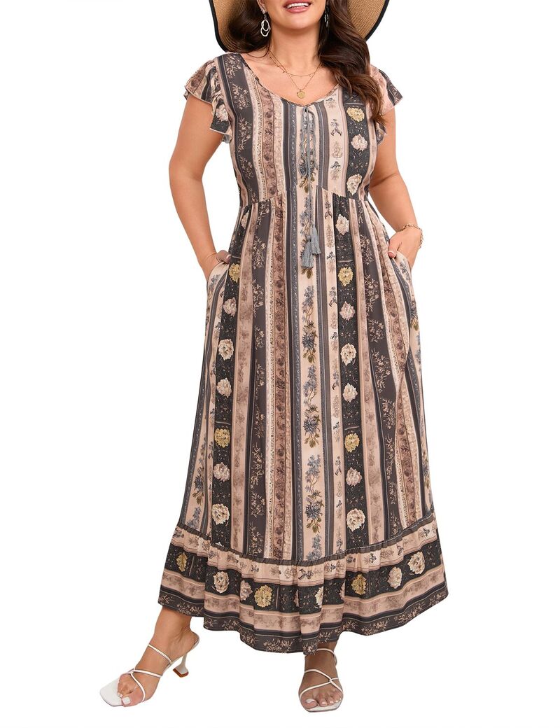 エリートチョイス レディース トップス ワンピース フラワー柄 プラスサイズ プリント マキシ フラワー Elitechoice Plusize Women\'s Maxi Dresses Boho Floral Print Flowy Long Dress with Pockets Gray グレー|ReVida 店