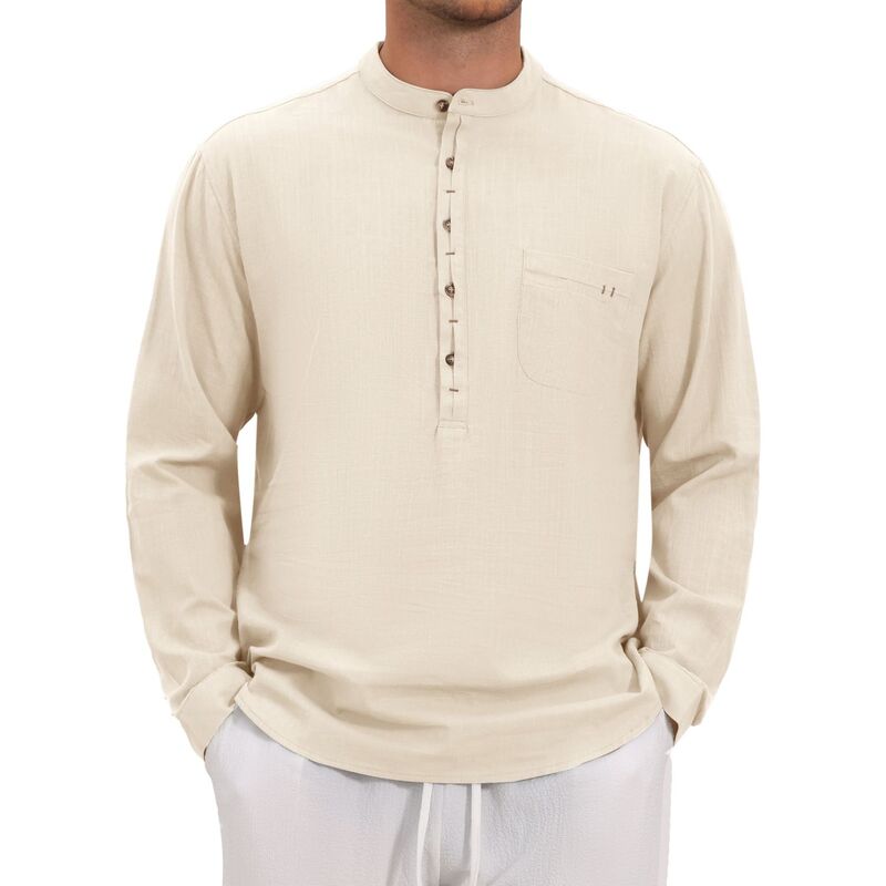 インスパイア シック レディース トップス Tシャツ リネン INSPIRE CHIC Men's Linen Henley Shirts Long Sleeve Chest Pocket Casual Beach Shirts Beige ベージュ|ReVida 店