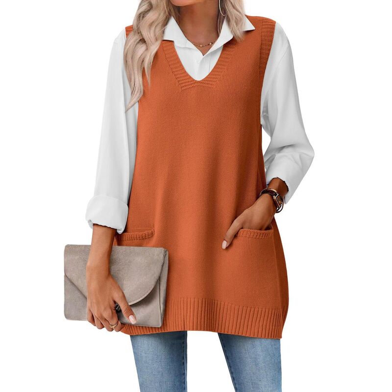 ジーグー レディース アウター ニット・セーター Vネック ベスト ノースリーブ Zeagoo Sleeveless Vest for Women V Necknit Sweaters Trendy Fall Vests Orange オレンジ｜ReVida 店