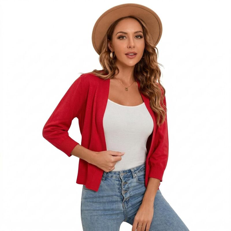 クリアラブ レディース アウター ニット・セーター カーディガン クロップド Clearlove Women's 3/4 Sleeve Shrug Open Front Cropped Bolero Cardigan Red レッド|ReVida 店