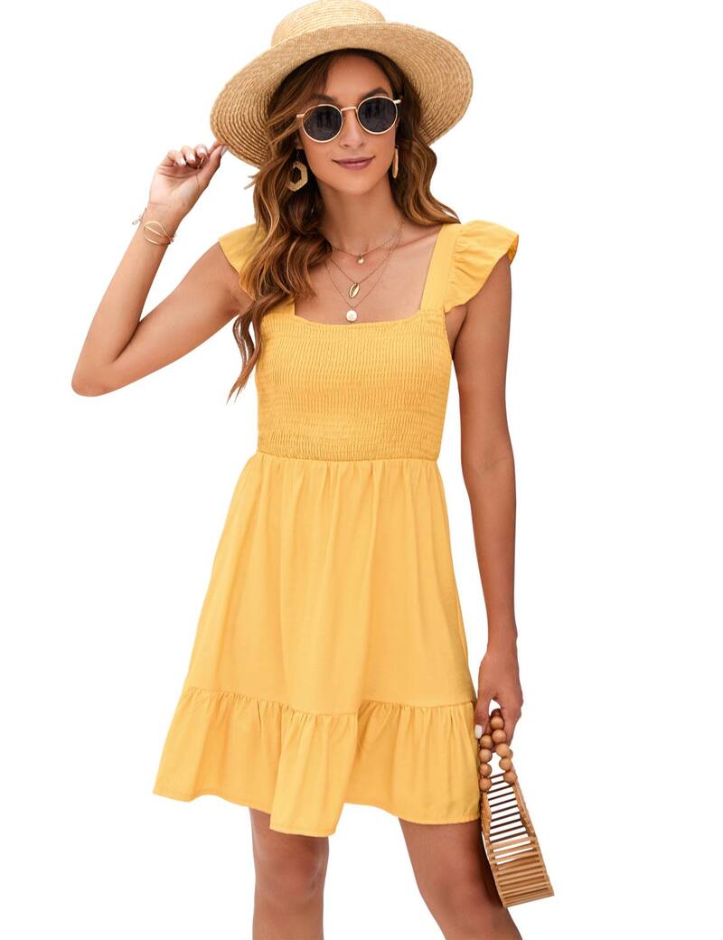 エリートチョイス レディース トップス ワンピース フリル ミディ シアー Elitechoice Women'sheeruffle Sleeve Midi Dress with Back Tie Yellow イエロー|ReVida 店
