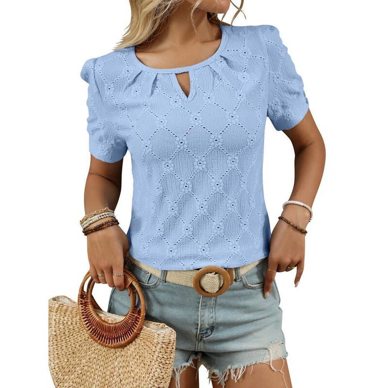 ジョイジョイ レディース トップス Tシャツ クルーネック ミニ JoyJoy Women'summer Crew Neck Short Sleeve Top Breathable Hollow-Out Minimalist Casual Versatile Shirt Sky Blue ブルー｜ReVida 店