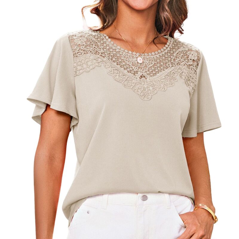 クリアフラワー レディース トップス シャツ リブラウス レース ニット ClearFlower Women's Lace Ribbed Knitop Flutter Short Sleeve Casual Blouse Beige ベージュ|ReVida 店