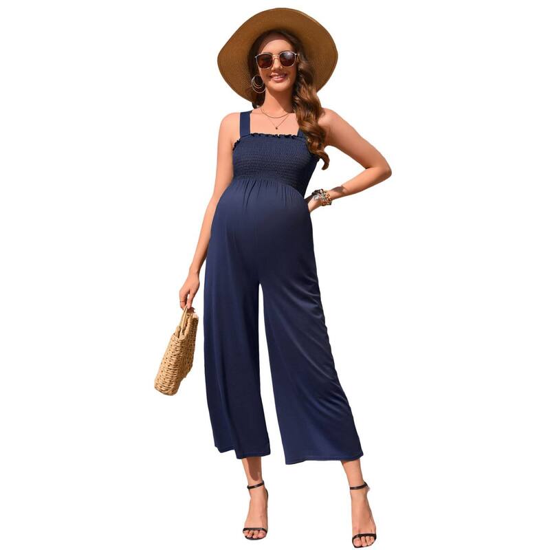 セオリア レディース トップス ワンピース ワイドレッグ ロンパース リブ ノースリーブ ジャンプスーツ マタニティ Seoria Women Maternity Ribbed Jumpsuit Sleevelessquare Neck Wide Leg Stretchy One Piece Romper Blue ブルー|ReVida 店