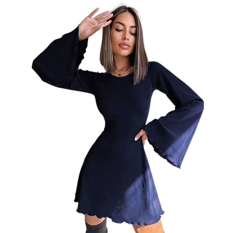 イエスファッション レディース トップス ワンピース クルーネック カットアウト 背中開き Yesfashion Women's Fashion Bellong Sleeve Casual Dresses Crewneck Cutoutie Backless Dress Blue ブルー｜ReVida 店