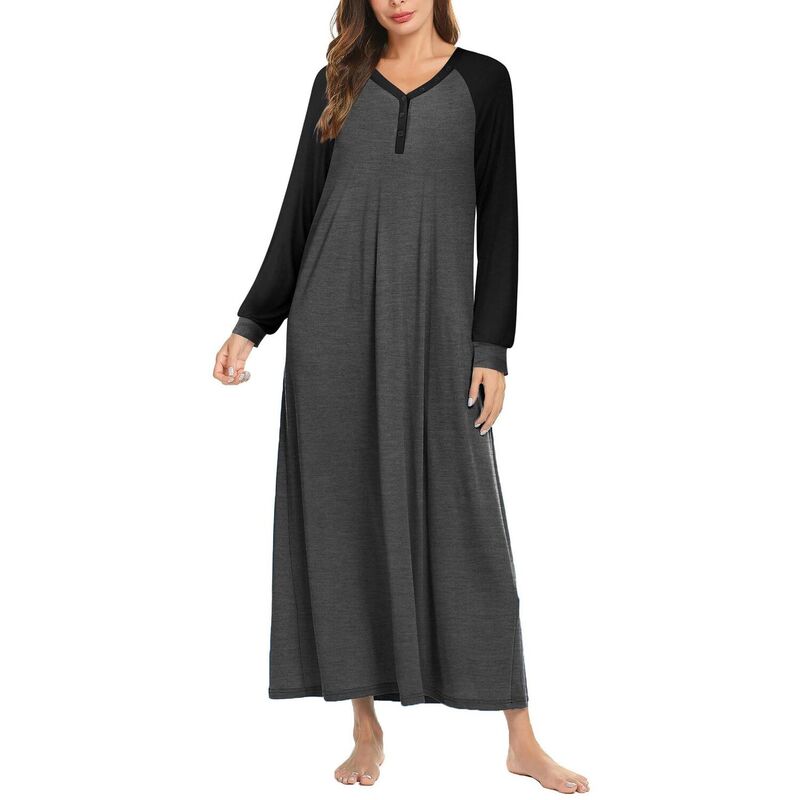 エコアー レディース アンダーウェア ナイトウェア ボタンダウン シャツ ダウン Ekouaer Nightgowns for Women Long Sleeve Sleep Shirt Button Downightshirt Fullength Loungewear Black ブラック｜ReVida 店