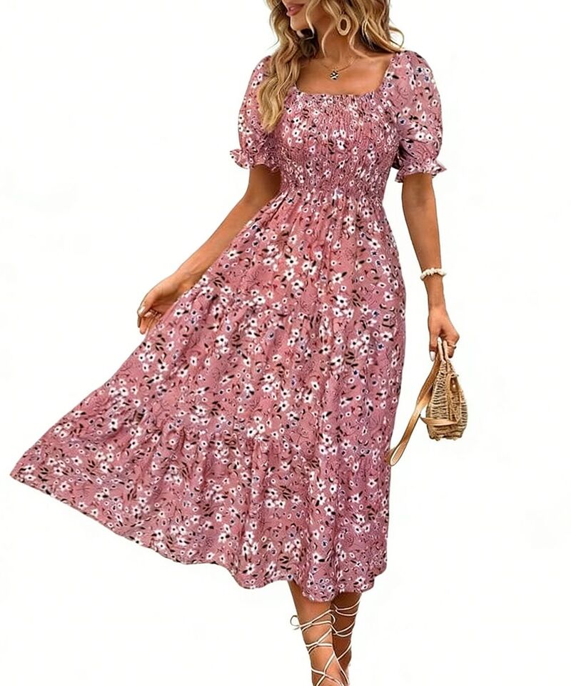 クリアラブ レディース トップス ワンピース プリント シャーリング Clearlove Women\'square Neck Puff Sleeve Printedressmocked Waist Dress Pink ピンク|ReVida 店