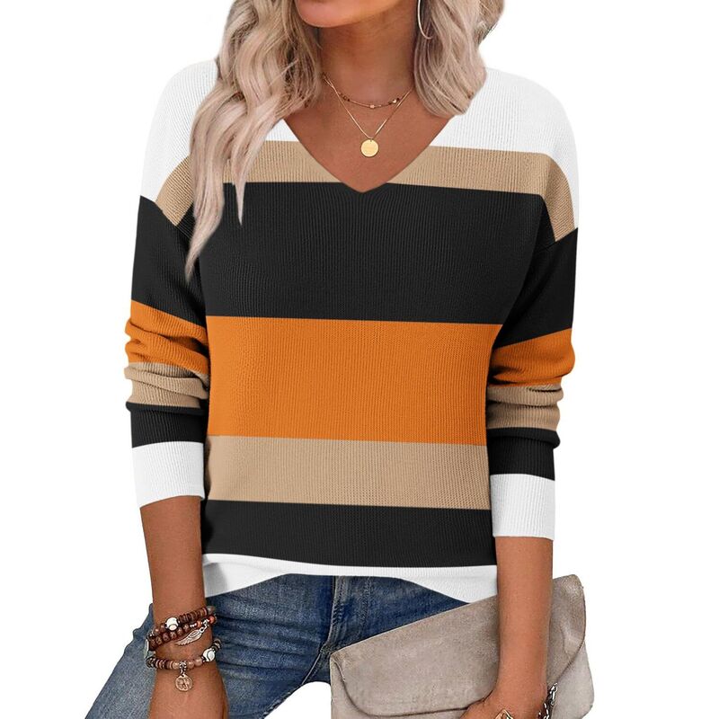 ジーグー レディース アウター ニット・セーター Vネック Zeagoo Sweater Tunics for Women Casualong Sleeve V Neck Loose Knit Pullover Sweaters Orange Stripe オレンジ｜ReVida 店