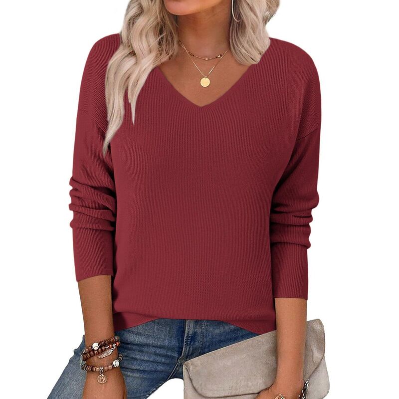 ジーグー レディース アウター ニット・セーター Vネック Zeagoo Sweater Tunics for Women Casualong Sleeve V Neck Loose Knit Pullover Sweaters Wine Red レッド|ReVida 店