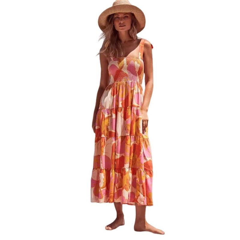 イエスファッション レディース トップス ワンピース A ライン フラワー柄 フリル マキシ フラワー Yesfashion Women\'s Boho Spaghetti Strap Square Neck Ruffle A-Line Floral Beach Swing Party Maxi Dress Orange オレンジ｜ReVida 店