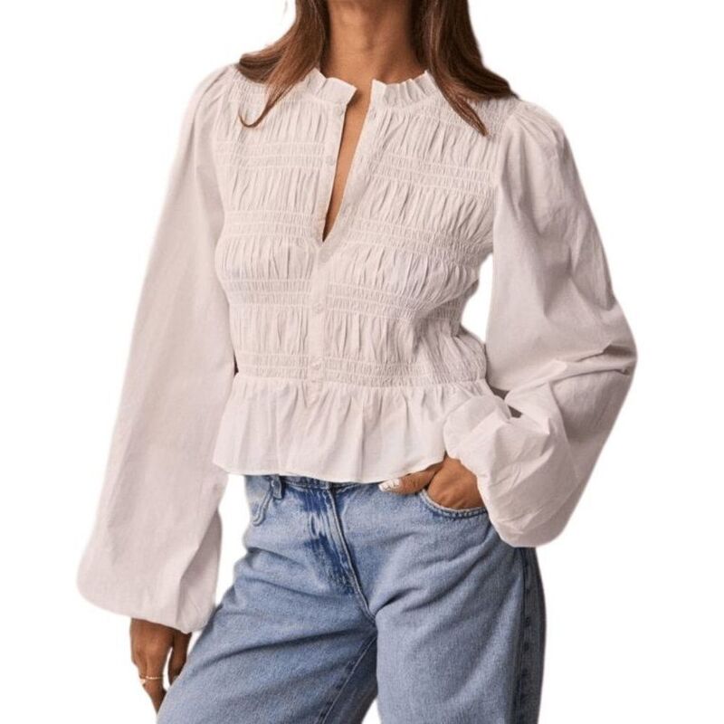 イエスファッション レディース トップス シャツ ヴィンテージ フリル シャーリング ブラウス Yesfashion Women's Vintage Smocked Peplum Blouse Ruffled Neck Balloon Long Sleeves Top White ホワイト|ReVida 店
