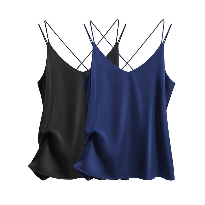 エコアー レディース トップス Tシャツ Vネック Ekouaer Womens 2 Pack Cross Back Camisole Tank Top V Neck Spaghetti Strap Cami Black Navy Blue ブラック|ReVida 店