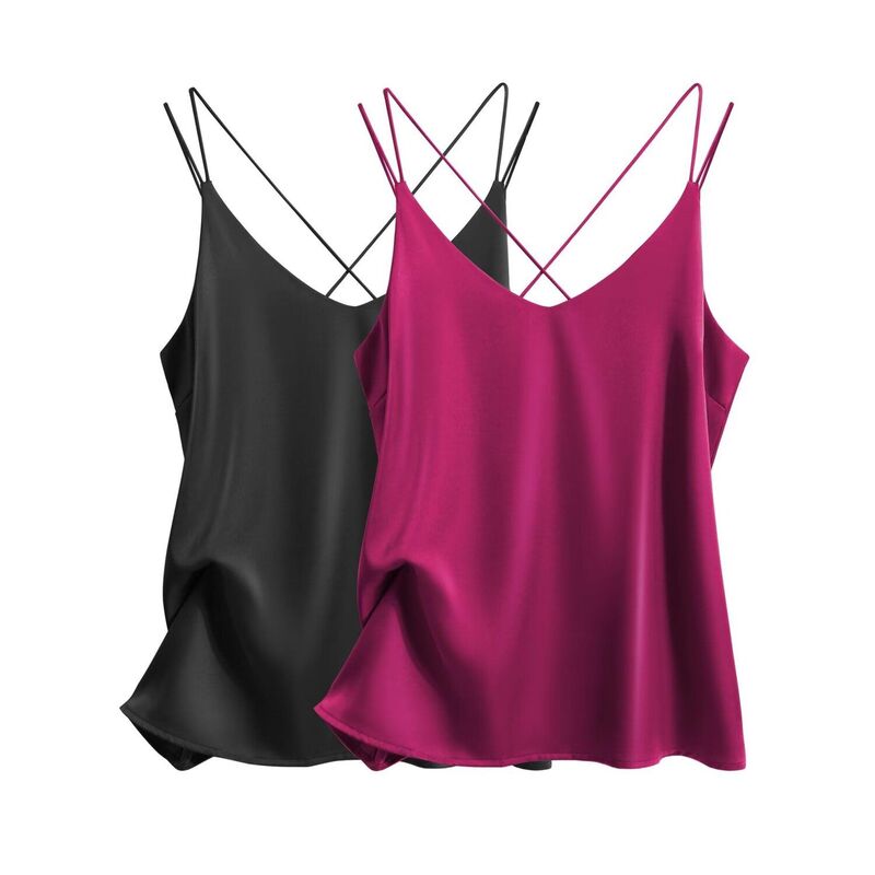 エコアー レディース トップス Tシャツ Vネック Ekouaer Womens 2 Pack Cross Back Camisole Tank Top V Neck Spaghetti Strap Cami Black Wineberry ブラック|ReVida 店