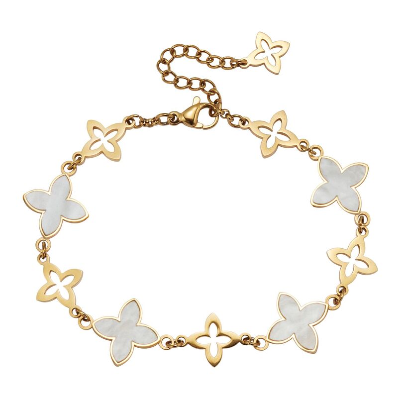 パームビーチジュエリー レディース アクセサリー ブレスレット・バングル・アンクレット Tシャツ PalmBeach Jewelry Mother of Pearl Yellow Gold Ion-Plated Stainlessteel Clover Bracelet 7-inch White ホワイト｜ReVida 店