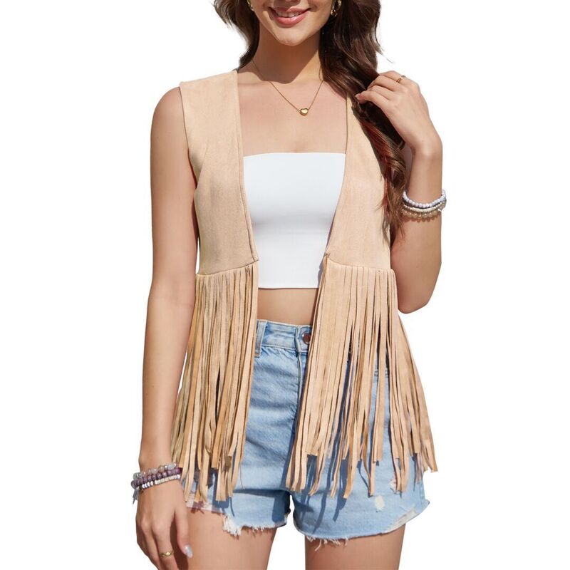 上半身大きさ レディース トップス プルオーバー より良い ノースリーブ フリンジ BODDYSIZE Womens 70s Hippie Costume Sleeveless Cowgirl Western Tassel Outerwear Fringe Vestylish Khaki カーキ