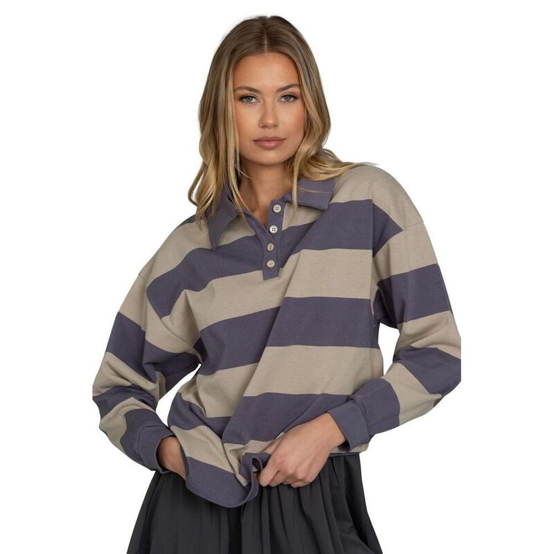 コジョイン レディース トップス プルオーバー 汗水 Kojooin Women Striped Oversized Sweatshirt Button Collared Long Sleeve Pullover Top Gray Purple 薄墨色